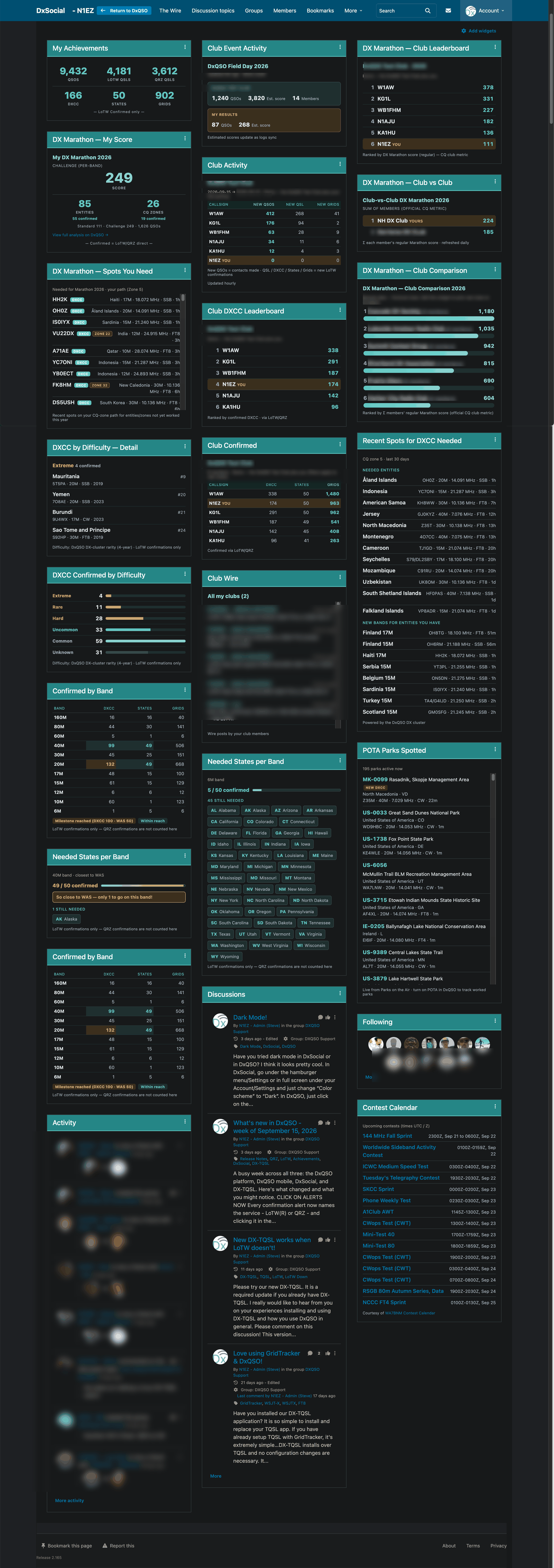 A DxQSO club member's dashboard: club DX Marathon and DXCC leaderboards, a club-vs-club comparison, personalized DX spots the operator still needs, POTA parks spotted, and confirmed-QSL achievement widgets.