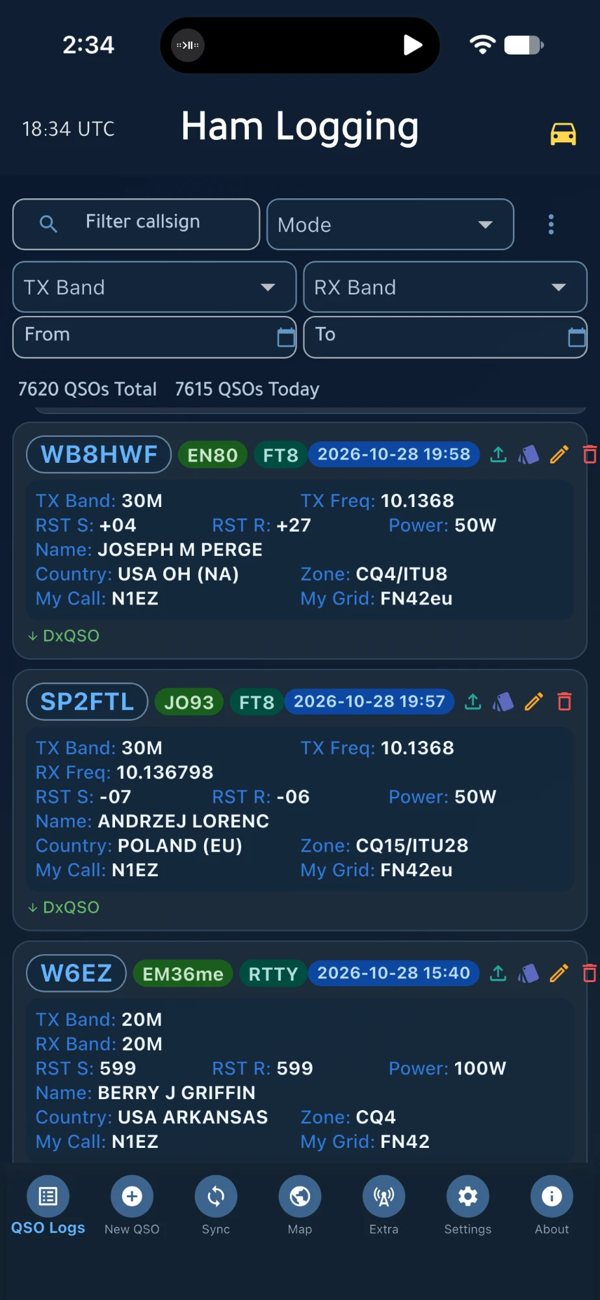 Ham Logging QSO Logs: contacts downloaded from DxQSO, each marked with a DxQSO tag