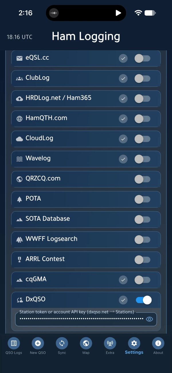 Ham Logging Settings: DxQSO switched on among the sync services, with the station token or account API key field hidden