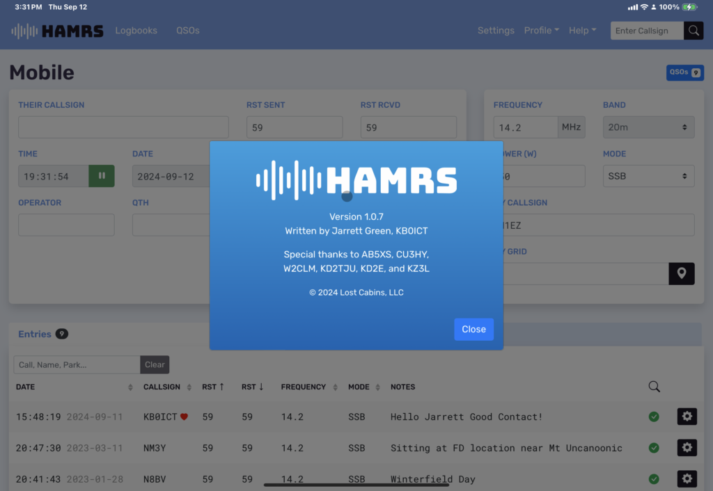 HAMRS logbook app